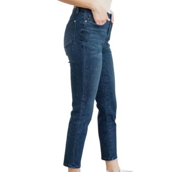 Judy Blue Relax Fit Mid Rise Skinny Jeans Mineral Blue Bleach Splatter Size13/31 - Picture 2 of 10